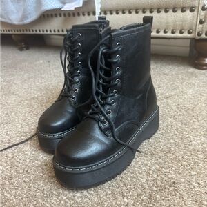 Forever Black Lace Up Combat Boots with Chunky Sole